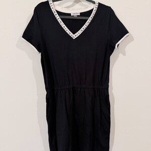 Calvin Klein Black T-Shirt Dress Size L | Logo Trim V-Neck | Cotton Stretch Casu